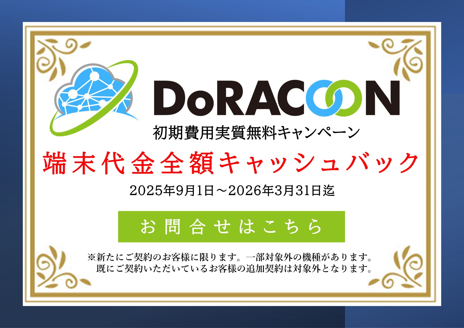 DoRACOON初期費用実質無料キャンペーン 最大20,000円キャッシュバック中